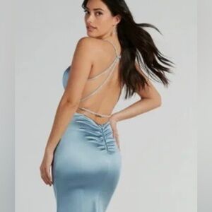 Elegant Blue Satin Dress with gems on straps